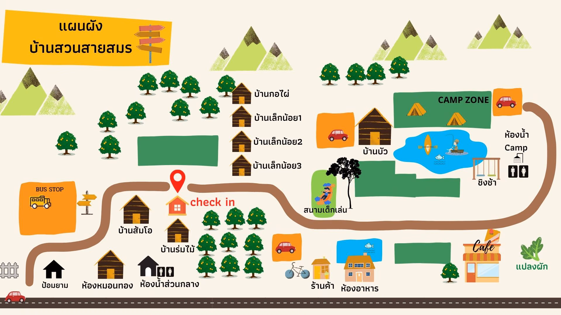 แผนผังบ้านพัก บ้านสวนสายสมร แสดงตำแหน่งบ้านพักทั้งหมดภายในพื้นที่